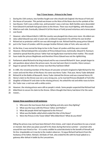 Princes in the Tower – Quick & Easy Cover Lesson (Comprehension-Based)