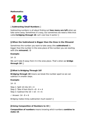 Subtracting Small Numbers – Bridging Through 10