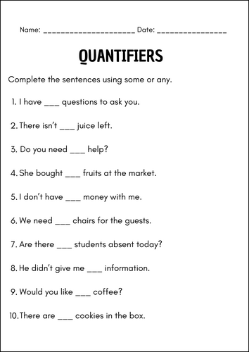 Comprehensive Quantifiers Practice Worksheets