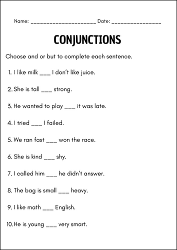 Conjunction Worksheets Grammar Practice Printables