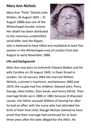 Mary Ann Nichols - Jack the Ripper Handout