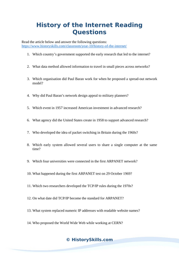 History of the Internet Reading Comprehension Worksheet