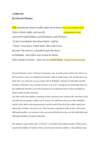 "A Private" by Edward Thomas: A LEVEL ENGLISH LITERATURE