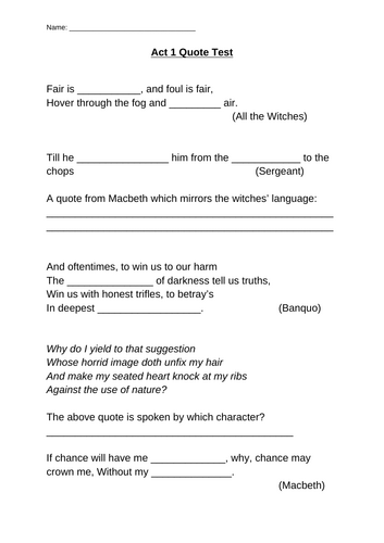 Macbeth quote bank and accompanying quote test for each Act