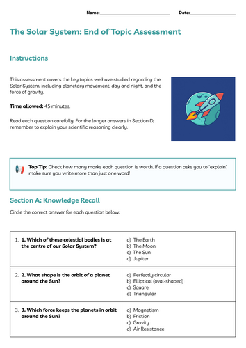 KS2 Solar System End of Unit Assessment