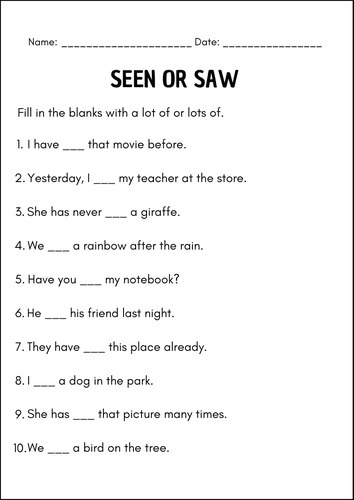Seen or Saw Grammar Worksheets