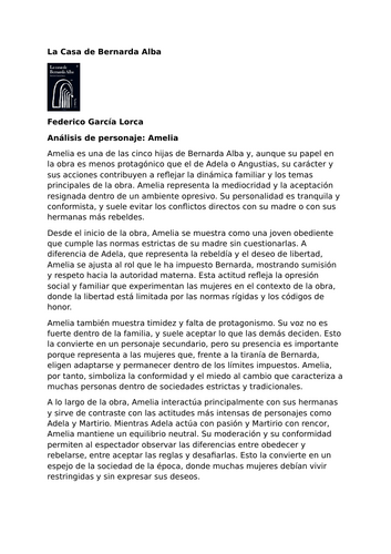 La Casa de Bernarda Alba by Federico García Lorca – Characters – Amelia