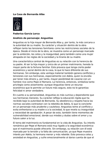 La Casa de Bernarda Alba by Federico García Lorca – Characters – Angustias