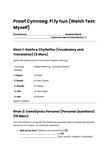 Welsh Test Me Myself and I Prawf Cymraeg Year 7