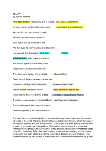 "Beauty" by Edward Thomas: A LEVEL ENGLISH LITERATURE analysis