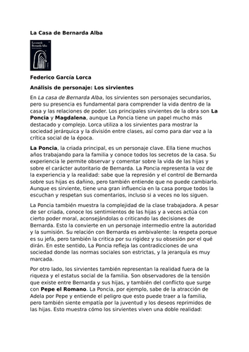 La Casa de Bernarda Alba by Federico García Lorca – Character Analysis: Los sirvientes