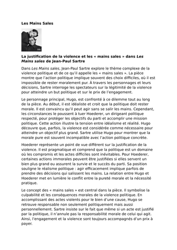 Les Mains sales by Jean-Paul Sartre – Themes – The Justification of Violence and “Dirty Hands”