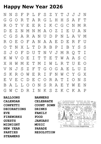 Happy New Year 2026 Word Search and Color