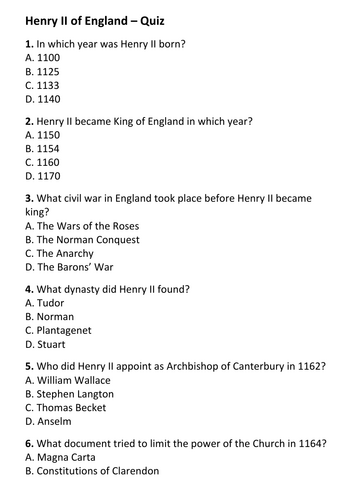 Henry II of England (1133–1189) Quiz