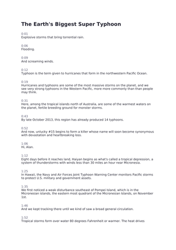 Typhoon Haiyan Documentary and Worksheets