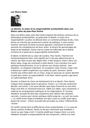 Les Mains sales by Jean-Paul Sartre – Themes and Motifs – Freedom, Choice and Responsibility