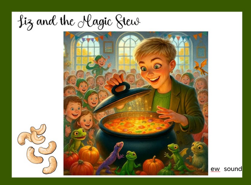 Phonics Reading ew sound words. Story and supporting image.