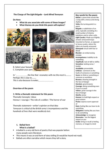 Charge of the Light Brigade Worksheet / Revision / Homework
