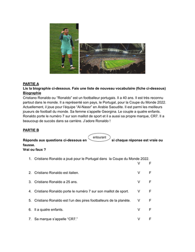 French reading comprehension - Biography of Cristiano Ronaldo