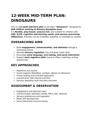 Dinosaur Mid term Plan for SEN/EYFS