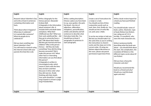 English Homework Grid