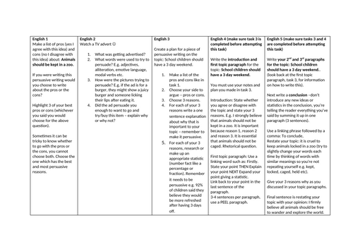 English 10 Task Homework Activities