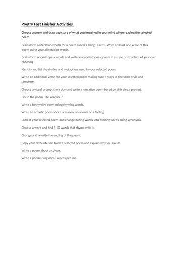 Poetry Fast Finisher Tasks or Homework Activities