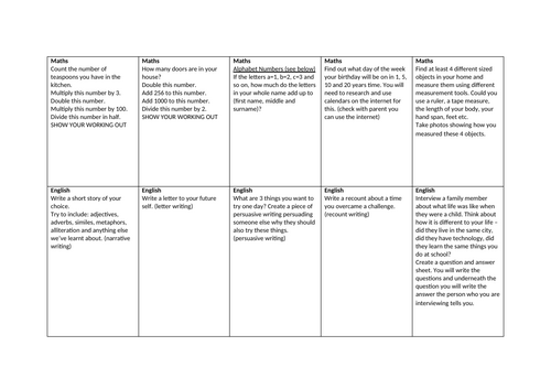 15 task Homework Grid