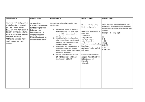 Christmas Themed 10 Maths and English Homework Activities