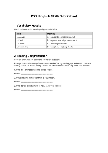 KS3 English Worksheet – Vocabulary, Reading & Writing Practice (Printable PDF)