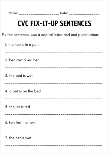 CVC Fix It Up Sentences | Phonics, Spelling, and Sentence Editing Worksheets