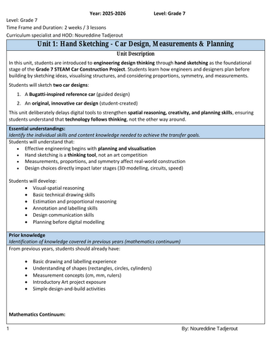 UNIT Planner for STEM or STEAM Grade 6/7/8 Project 2: Car Construction