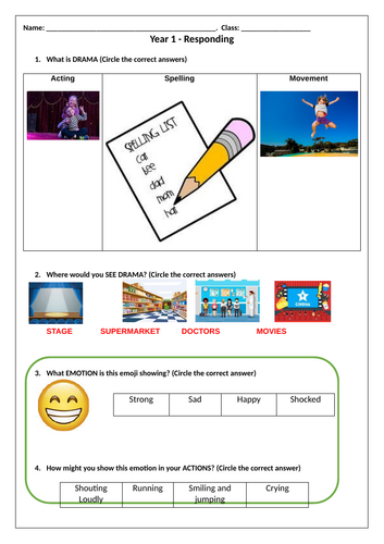 Year 1 Drama Written Assessment