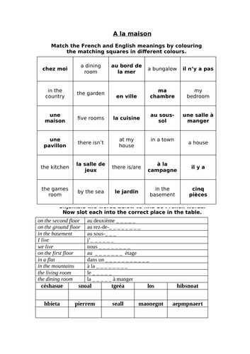 French Vocabulary Activities  and wordsearch  Year 7  to 11