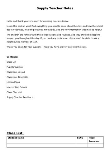 Primary Supply Teacher Booklet