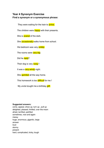 YEAR 4 ENGLISH SYNONYMS EXERCISE: with answer key