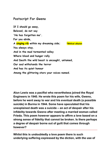 "Postscript for Gweno" by Alun Lewis: A Level English Literature: poetry anthology