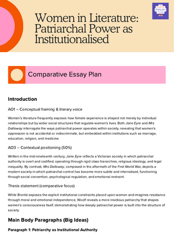 Women in Literature: Patriarchal Power as Institutionalised – Jane Eyre & Mrs Dalloway (OCR A Level)