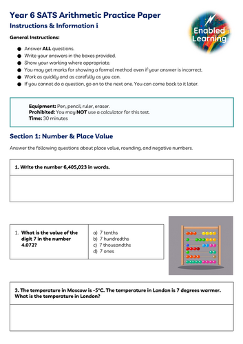 Year 6 SATS Arithmetic Practice Mock Paper A