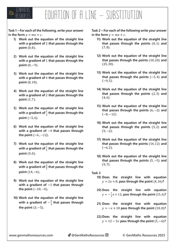 Equation of a Straight Line Substitution - Maths GCSE Foundation Worksheet