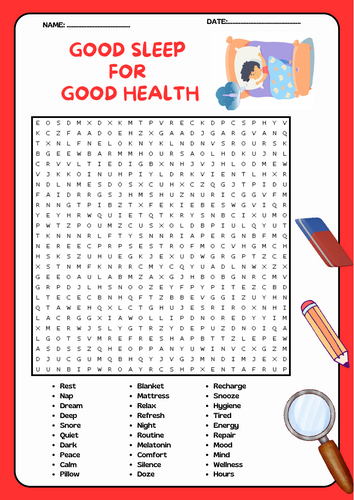 Good Sleep for Good Health word search puzzle