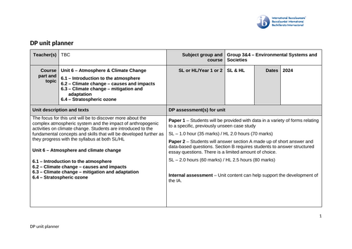 Environmental Systems and Societies (ESS) Unit Plan – Unit 6 Atmosphere and climate change