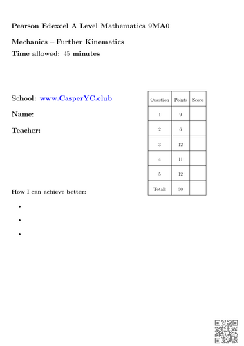 Edexcel 9MA0 A Level Mathematics - Mechanics - Unit Tests