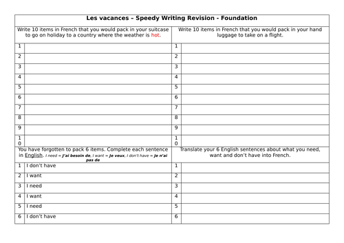 Les vacances speedy writing revision foundation