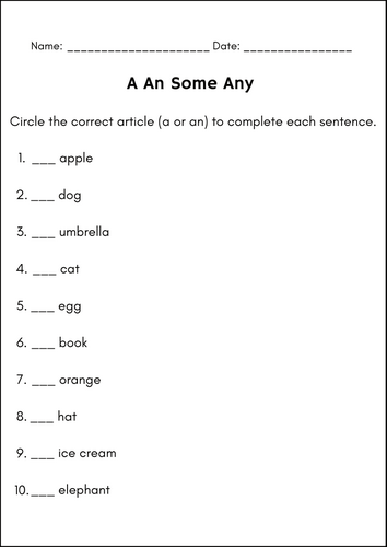 A An Some Any Worksheets/Articles Determiners Practice