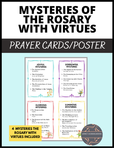 Rosary Poster and Prayer Cards on the Mysteries (with Virtues Included)