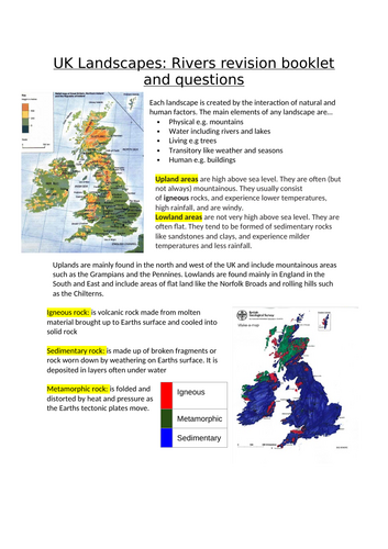GCSE Geography- UK Landscapes Rivers revision booklet with questions