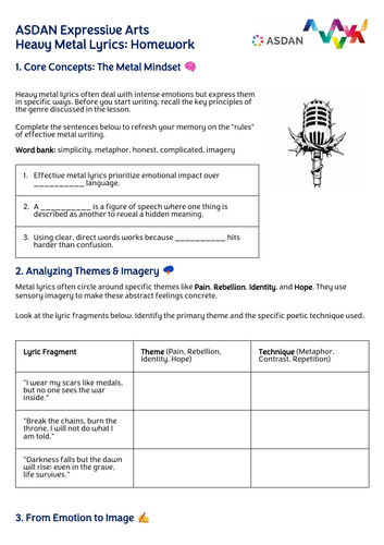 ASDAN Expressive Arts - Heavy Metal Rock Band Design your Own Lyrics
