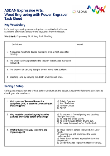 ASDAN Expressive Arts - Wood Engraving Task Booklet
