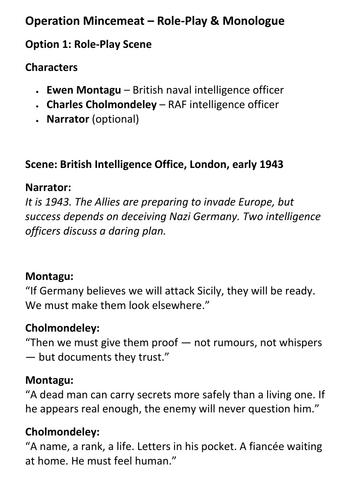 Operation Mincemeat – Role-Play & Monologue